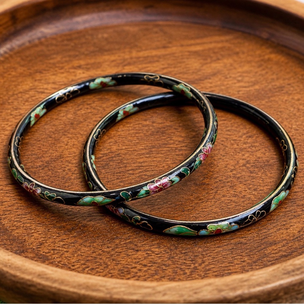 Vintage Cloisonné Enamel Floral Bangles Set of 2 Stackable Black